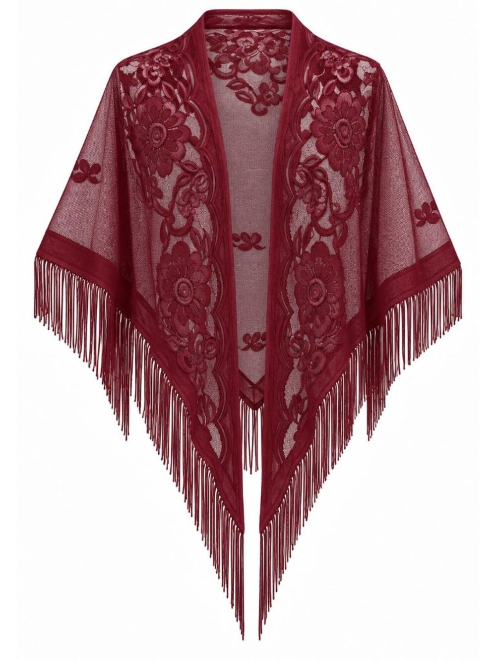Burgundy Floral Lace Triangle Shawl Fringe Sheer Evening Wedding Formal Wrap